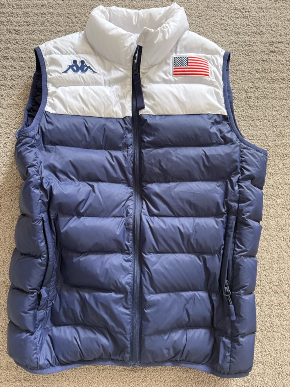 Kappa Navy and White Puffer Vest with USA Flag Patch